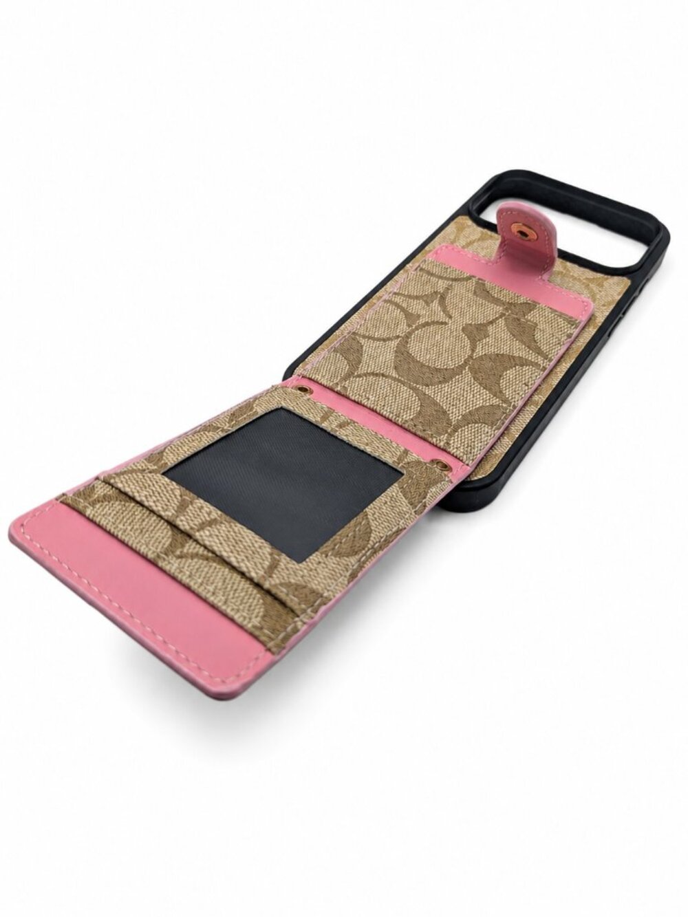 iPhone 17 Pro Max Khaki Brown Pink Canvas Signature Wallet Case Gold Logo